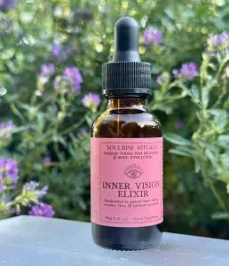 Inner Vision Elixir bottle in front of flowers