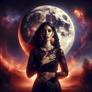 A powerful woman stands under the hunter's moon in aries.