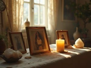 Old photos in frames on an table covered in a tablecloth, helping to connect with ancestral wisdom