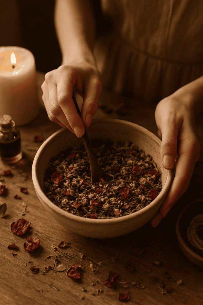 A woman stirs herbs and flower petals preparing for an embodiment ritual for self-worth