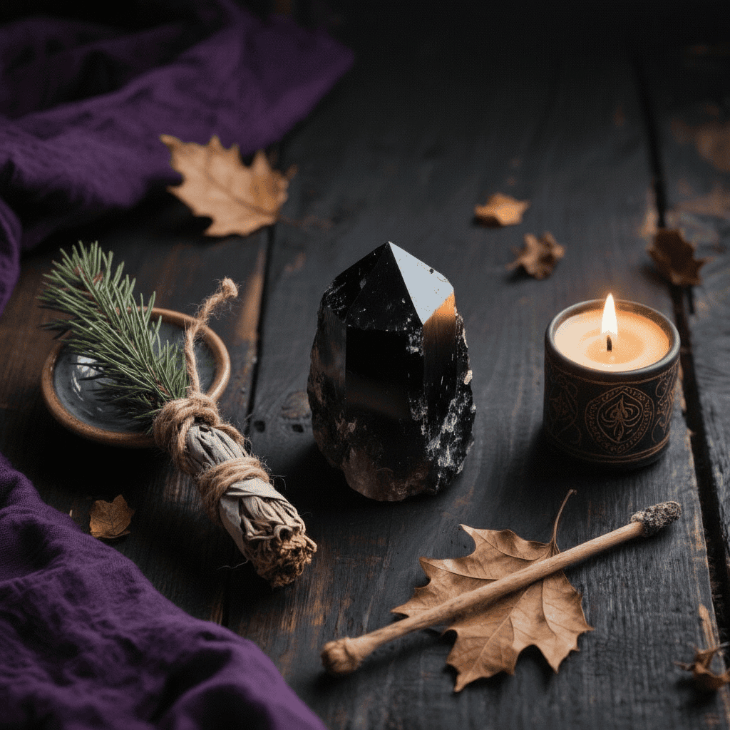 Pine smudge stick, black tourmaline, and a candle sit on a table ready for Scorpio Season shadow work.
