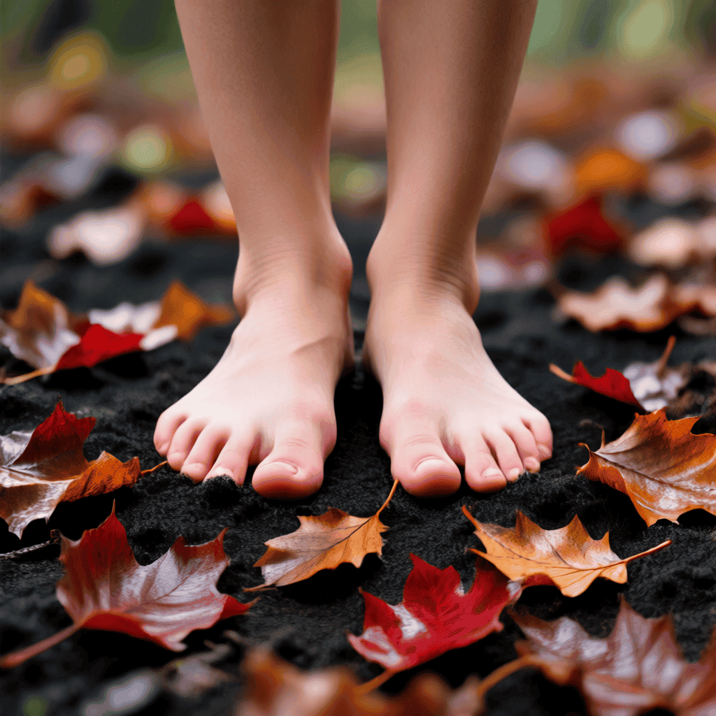 Bare feet standing on soft soil with leaves surrounding them.