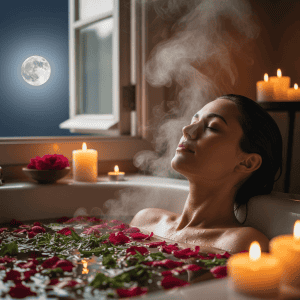 A woman in a sensual bath with rose petals and herbs practicing her self worth ritual under the new moon
