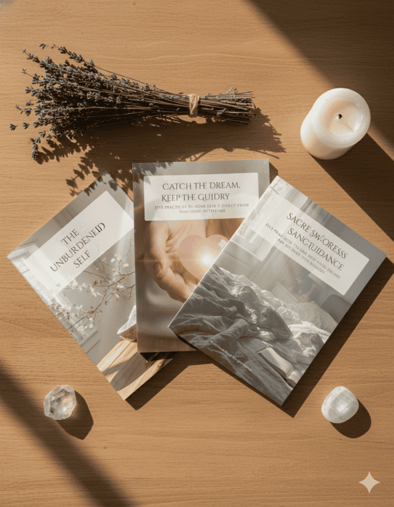 Collection of beautifully designed digital spiritual toolkit guides spread on desk with journal and oracle cards