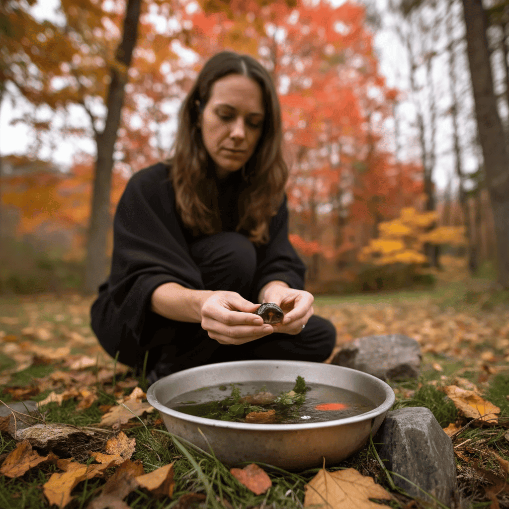A woman's holding a small dark, smoky quartz crystal over a bowl of water with floating herbs. The bowl rests on the ground with fallen leaves surrounding it. Behind the scene are autumnal trees.