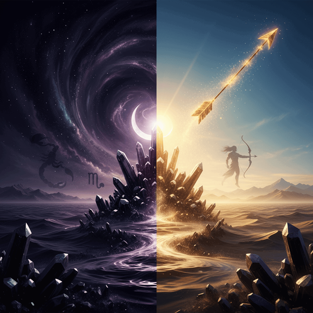 Ethereal landscape with cosmic elements and a mythical archer figure.
