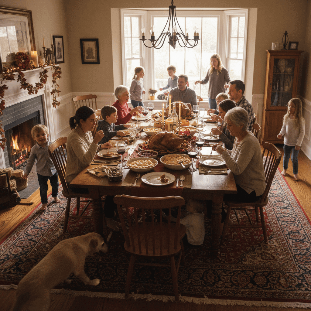Family enjoying Thanksgiving dinner together in a cozy, well-lit home during fall season.