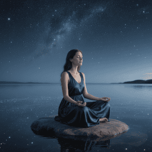 Meditating woman on a rock by water under stars, symbolizing peaceful Mindfulness & SoulRising rituals.