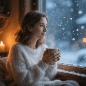 Cozy winter scene with woman drinking tea indoors, overlooking snow-covered landscape.