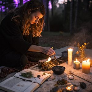Woman performing new moon ritual with candles and journal during Scorpio season