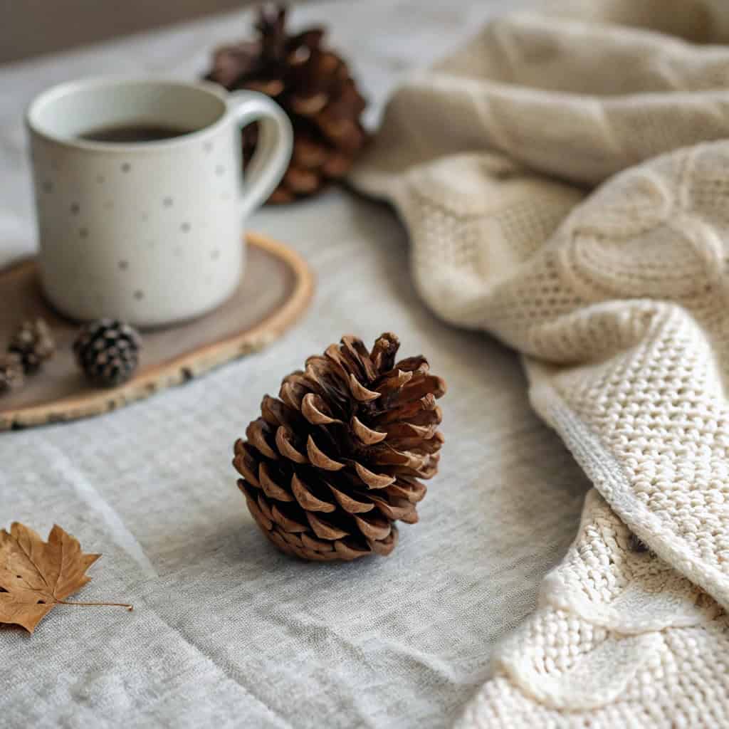 Warm coffee in a ceramic mug with pinecones and a knitted blanket for relaxation.