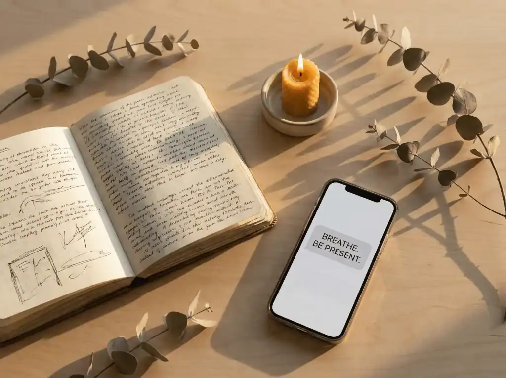 A flat-lay photography composition representing "slow living." A messy handwritten journal, a burning beeswax candle, a few eucalyptus sprigs, and a smartphone face up showing a text message bubble on the screen.