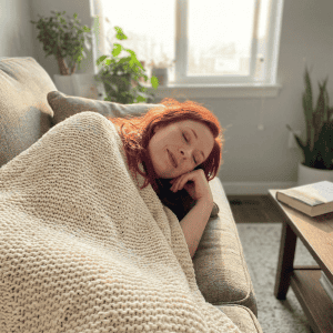 A peaceful image of a woman lying on a couch with her eyes closed, no phone in sight, with a soft throw blanket. Permission to rest.