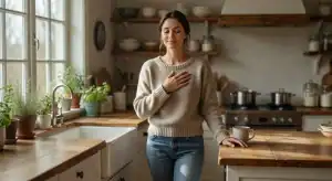 A woman standing in her kitchen, active rest.
