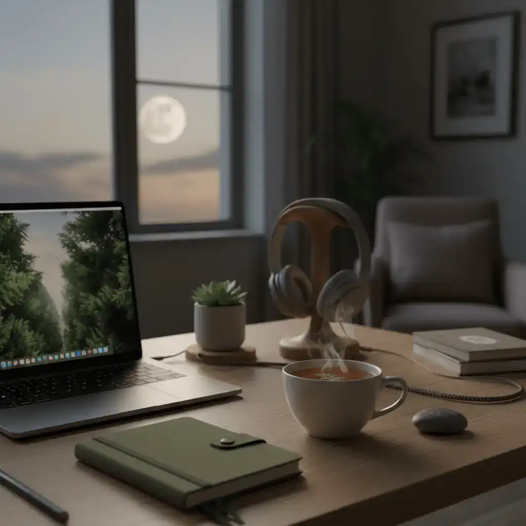 A desk with a laptop, planner, and a cup of tea on it - ready for new years goal setting