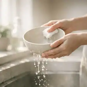 hands washing a simple ceramic bowl demonstrating that even simple things can be a spiritual practice for busy women