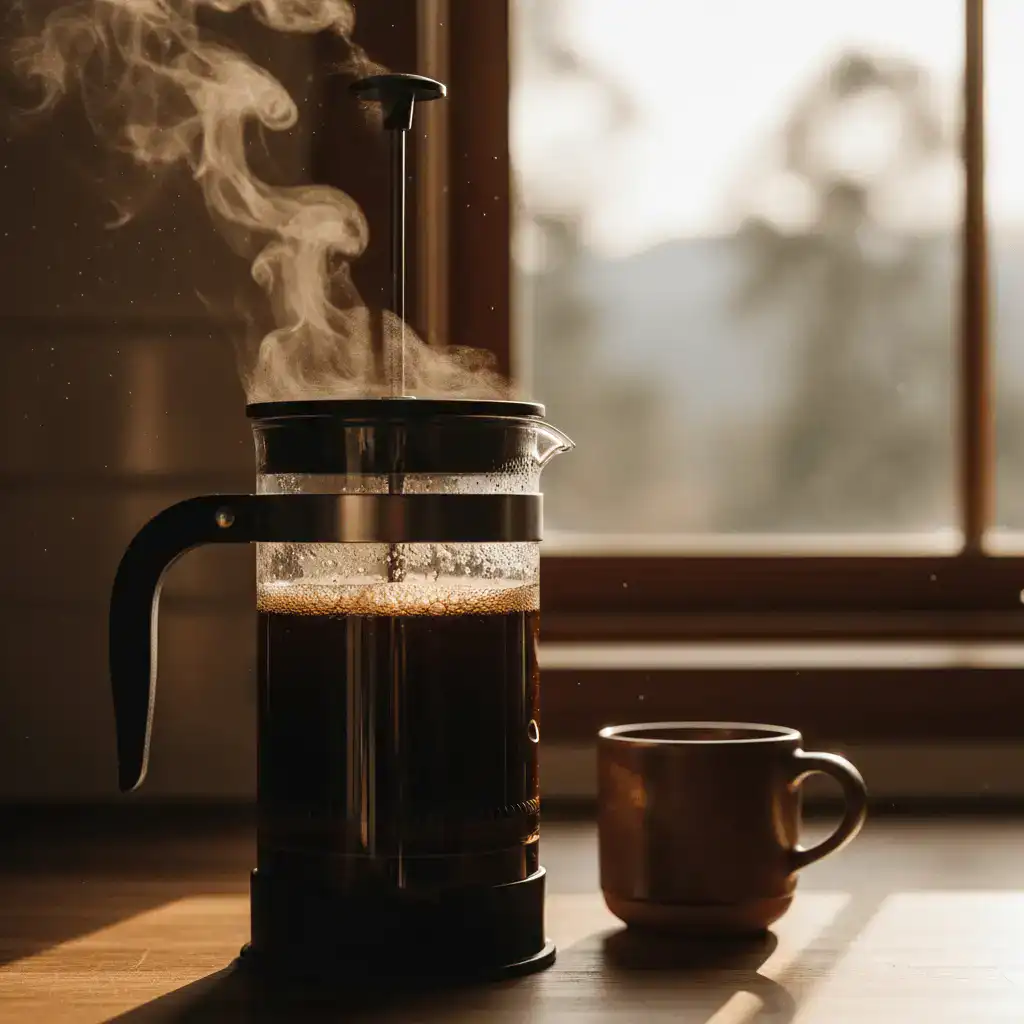 a coffee press steaming in the morning light demonstrating that even simple things can be a spiritual practice for busy women