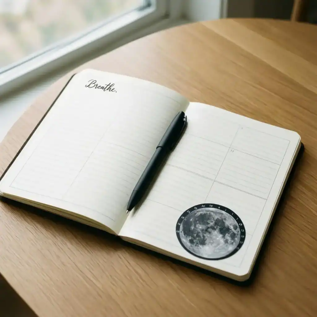 an open planner showing a lunar calendar