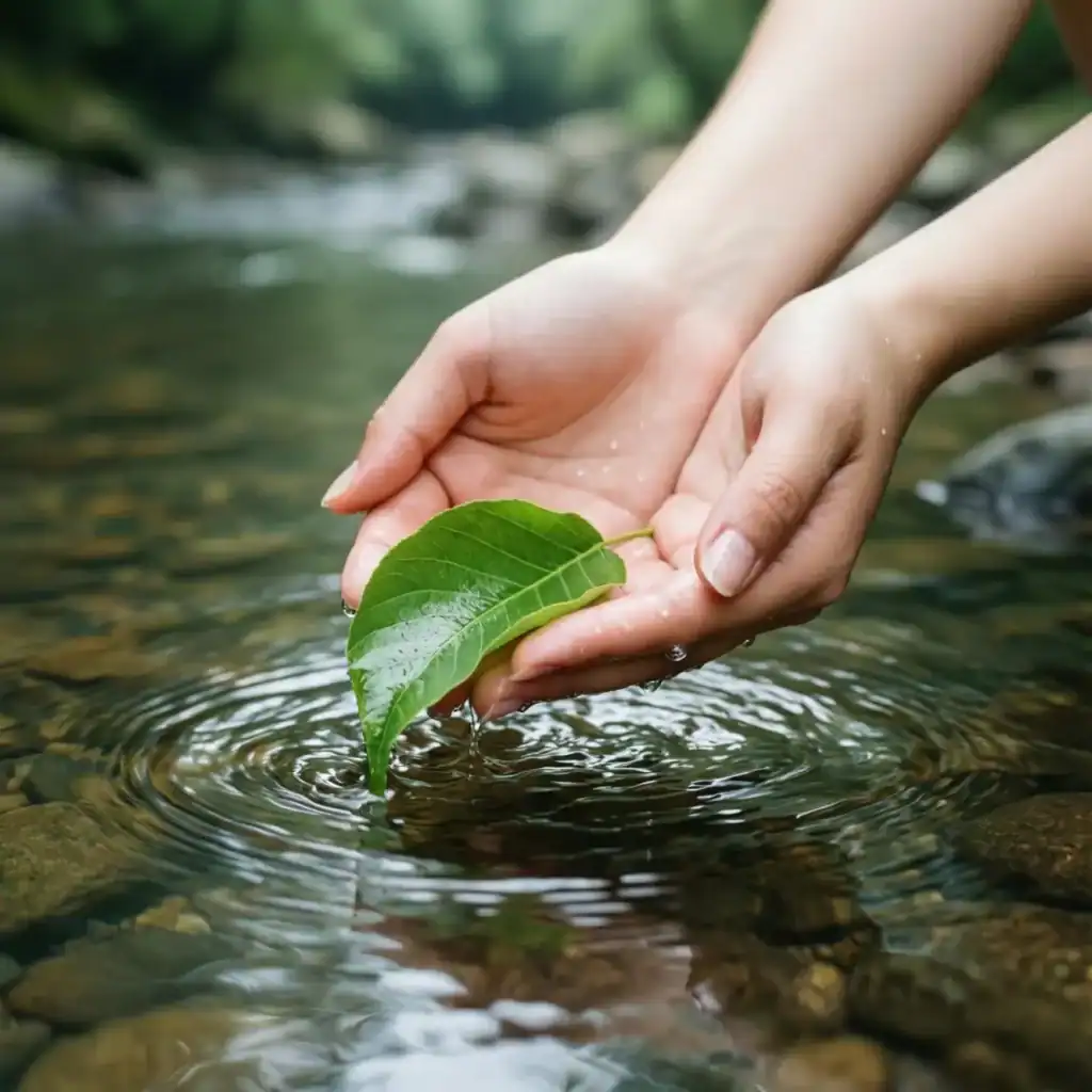 Hands releasing a leaf into the water