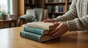 Hands organizing a couple of books on a clean table as a woman is decluttering with motivation