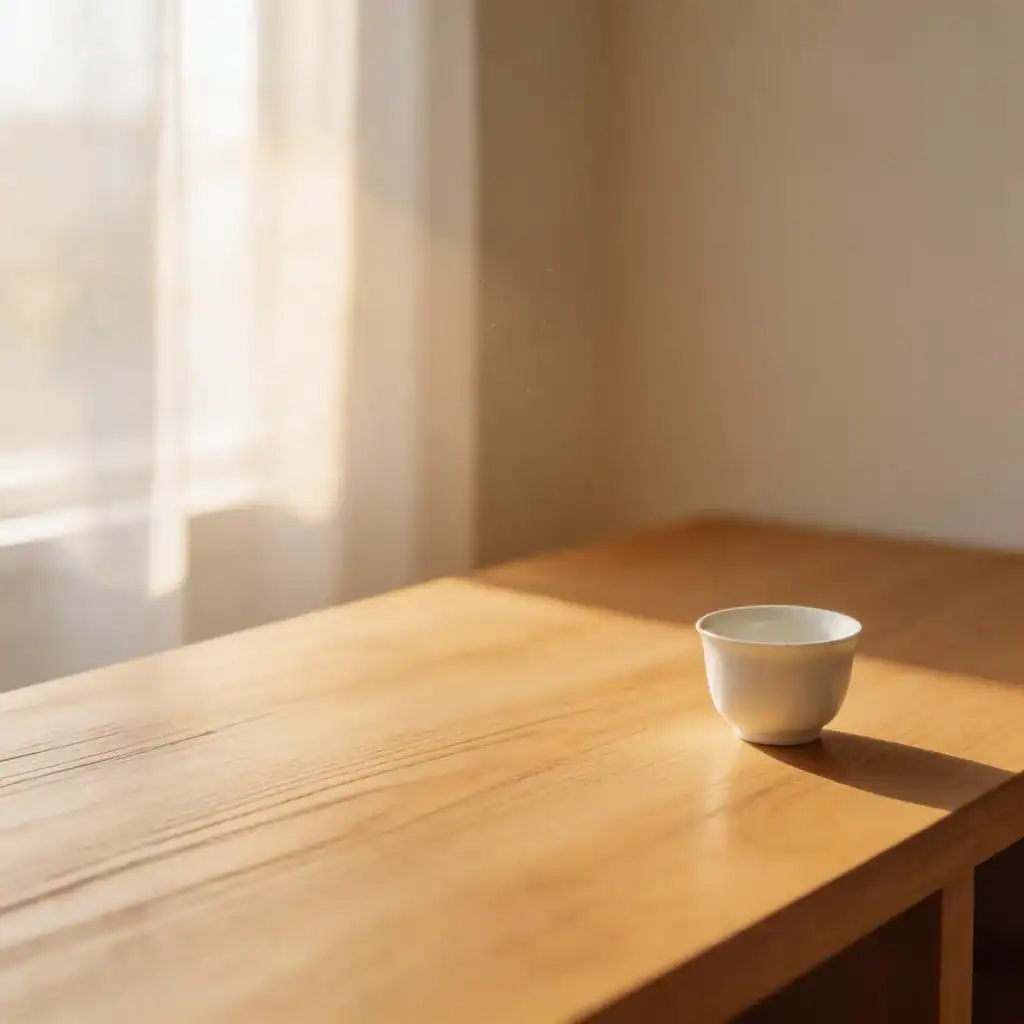 A single bowl on a table by a sunny window representing decluttering motivation.