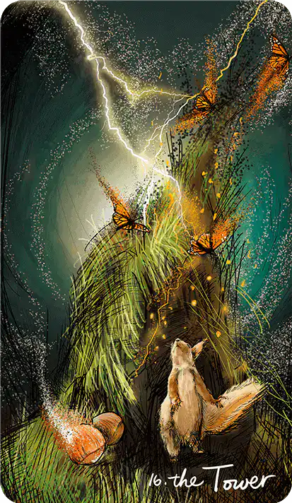 The Tower from The Light Seer deck showing butterflies emerging from the stump.