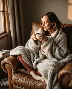 Woman sitting in a chair wrapped in a blanket.