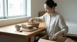 A woman sorting objects representing the energy of the last quarter moon
