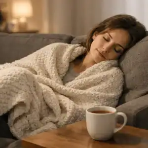 A woman resting on the couch.
