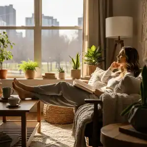 A woman practicing how to rest without guilt by relaxing on her couch with a book.