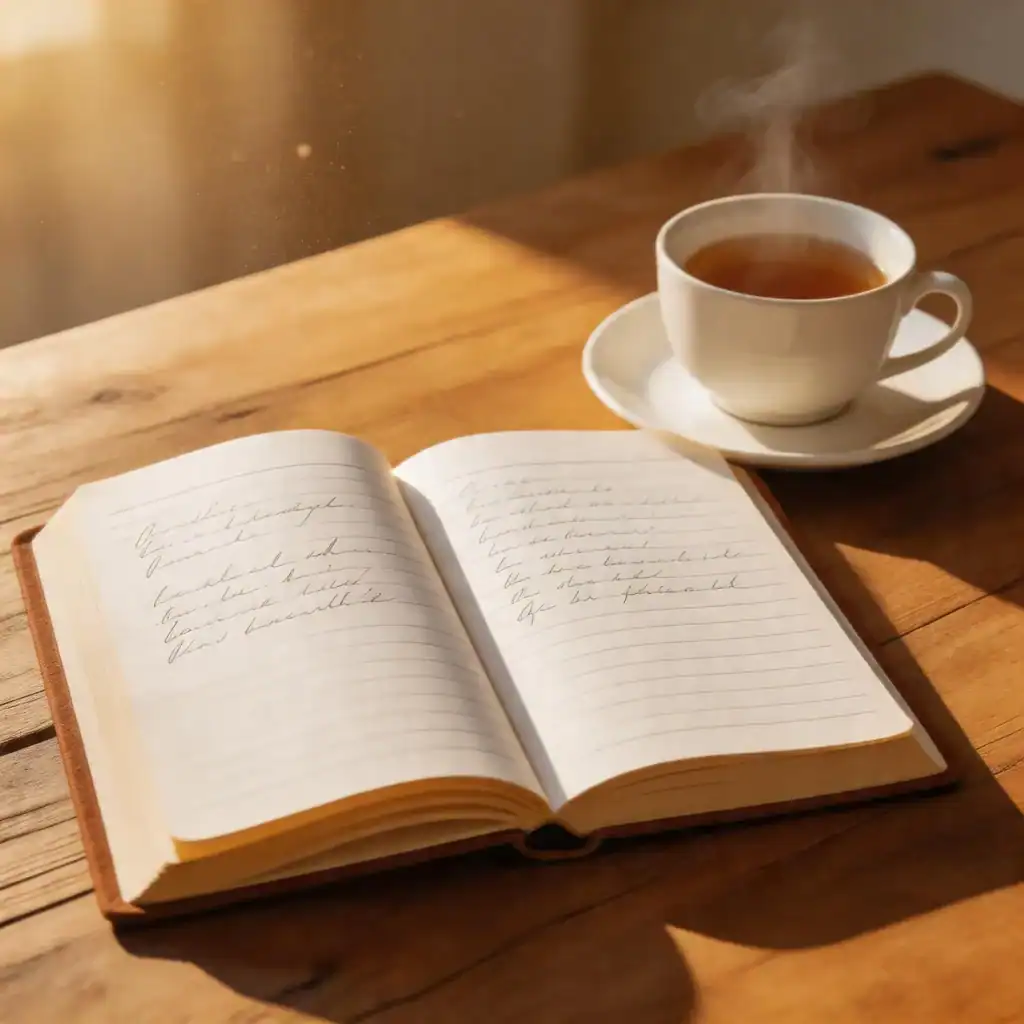 A journal on a wooden table with a cup of tea nearby