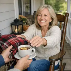 A woman reaching for an offered blanket and cup of tea.