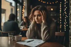 A tired woman sitting at a cafe